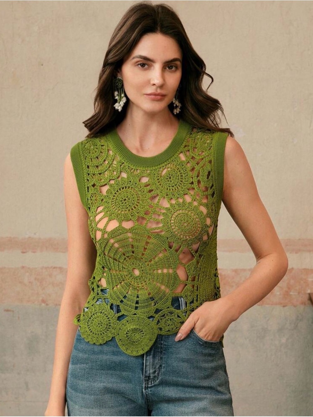 Crochet Sleeveless Tank Top in Olive Green